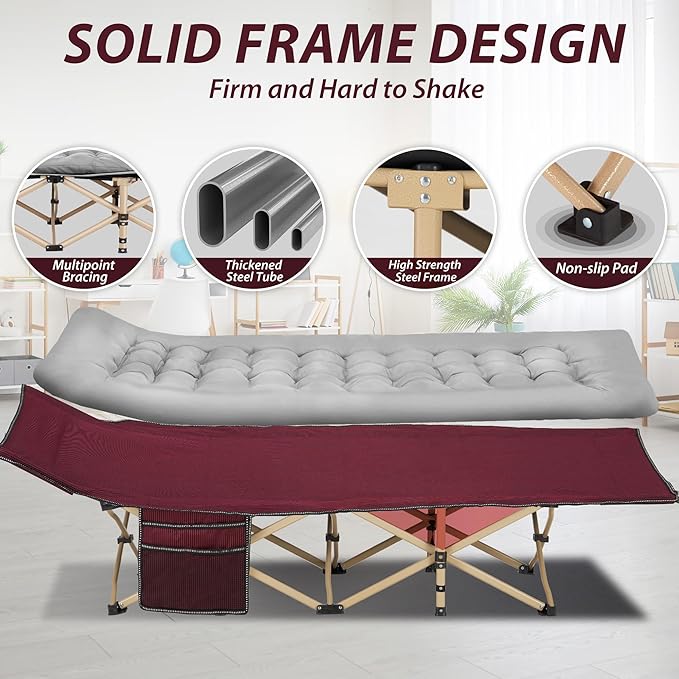 Folding Camping Cot for Sleeping, Portable Cots for Adults, Heavy Duty Cot Bed 550LBS(Max Load), Extra Wider Cots with Large Pocket for Outdoor, Office, Beach