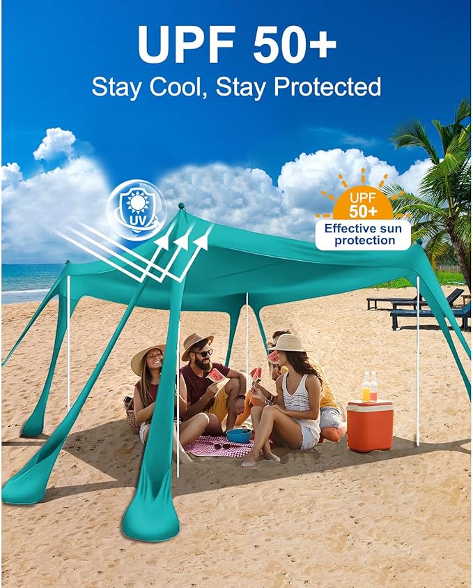 Beach Tent Sun Shelter with 8 Sandbags 10x10ft, Portable Beach Tent Upf50+ UV Protection, Shade Canopy with 4 Stability Poles