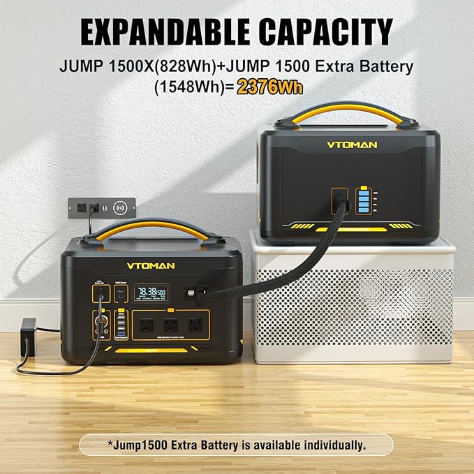 VTOMAN Jump 1500X Portable Power Station, 828Wh Solar Generator 1500W LiFePO4 Battery Power Station, Dual 100W PD Type-C & Regulated DC, Capacity Expandable to 2376Wh for Camping, Travel, Home Backup