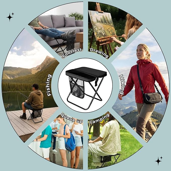 16" Portable Collapsible Stool - Folding Chair with Storage Pouch, Convertible Satchel for Hands-Free Carry & Supports 300Lbs, Ultralight for Hiking, Fishing, Camping, Festivals (Black, Large)