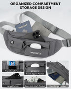 WATERFLY Small Crossbody Fanny Pack: 5 Pocket Slim Lightweight Waist Belt Hip Bag for Women Men Water Resistant Chest Pouch for Travel Hiking Running Walking Fit All Phones - Gray