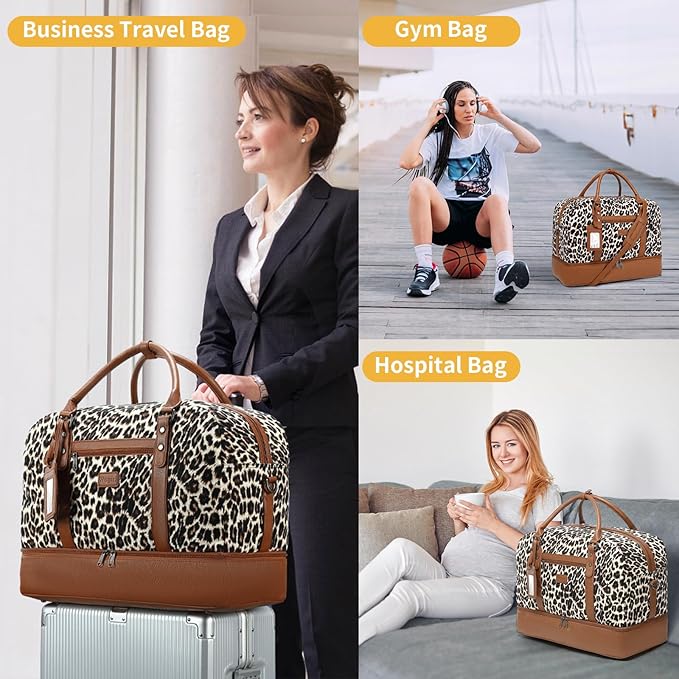 Wogarl 4PCS Weekender Bags for Women Large Overnight Weekend Travel Duffel Carry on Shoulder with Shoe Compartment Canvas Toiletry Bag for Travel Business Gym