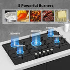 36 Inch Gas Cooktop Propane Stove, 5 Burner Built-in Gas Stove Top with Tempered Glass Panel, NG/LPG Dual Fuel Auto Ignition Propane Cooktop with Thermocouple Protection
