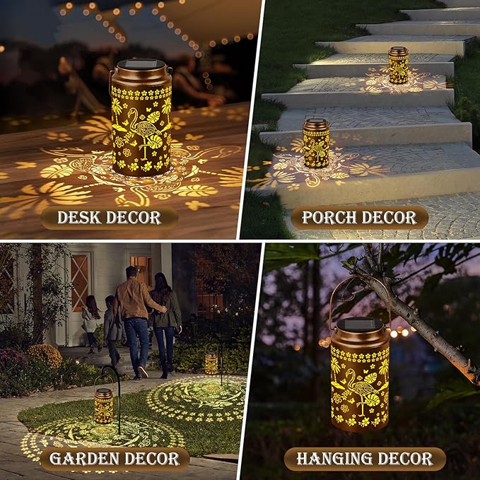 4 Pack Flamingo Solar Lanterns Outdoor Waterproof, Metal Hanging Lights Decorations for Garden Yard Lawn Patio, Flamingo Gifts for Women Mom Grandma Gardener for Mother'Day Christmas