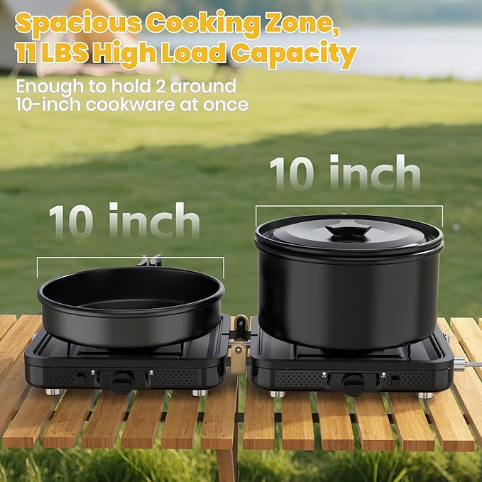 Camp Stove Propane, 2 Burner Folding Propane Camping Stove with Carrying Bag, Adjustable High Heat Burners & Piezo Push-Button Instant Ignition, Outdoor Tailgating, Backyard BBQ Camping Essentials