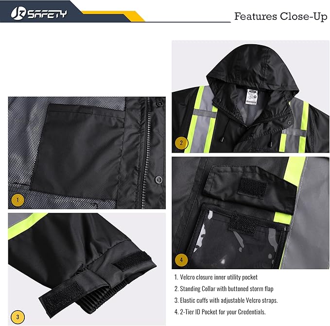 JKSafety Hi-Vis Reflective Safety Rain Jacket and Pants for Men Women Waterproof Rain Gears for Farming Fishing Work HV Rain Suit with Inner Mesh Lining and Pockets (117-Black XXL)