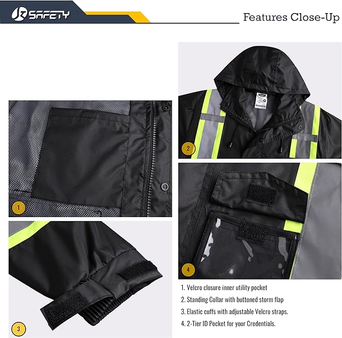 JKSafety Hi-Vis Reflective Safety Rain Jacket and Pants for Men Women Waterproof Rain Gears for Farming Fishing Work HV Rain Suit with Inner Mesh Lining and Pockets (117-Black XL)