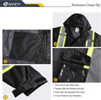 JKSafety Hi-Vis Reflective Safety Rain Jacket and Pants for Men Women Waterproof Rain Gears for Farming Fishing Work HV Rain Suit with Inner Mesh Lining and Pockets (117-Black L)
