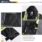 JKSafety Hi-Vis Reflective Safety Rain Jacket and Pants for Men Women Waterproof Rain Gears for Farming Fishing Work HV Rain Suit with Inner Mesh Lining and Pockets (117-Black 3XL)