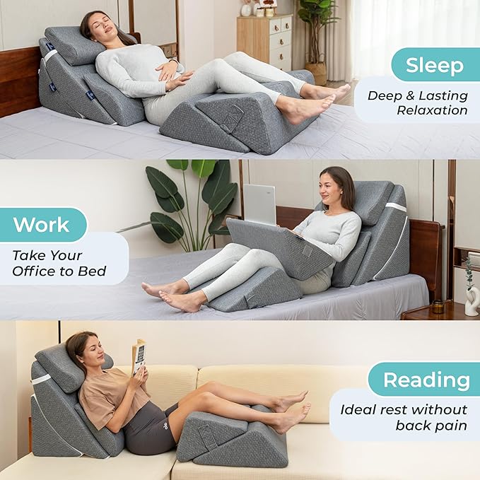 6pc Adjustable Orthopedic Wedge Pillow Set – Relieve Acid Reflux, Snoring, Back Pain & Post-Surgery Discomfort (Grey)