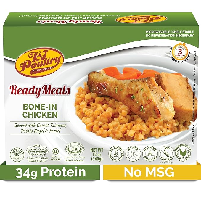 KJ Poultry Kosher Ready Meals - Bone In Chicken & Kugel, MRE Meat Meals Ready to Eat, Shabbos Food, Halal, (1 Pack) Prepared Entree Fully Cooked, Shelf Stable Microwave Dinner Travel Military Camping