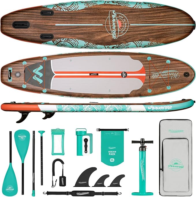11'6"x35"x6" Wood Grain Stand Up Paddle Board Inflatable, Portable SUP Paddleboard with Complete Accessories, Camera Mount and 10L Dry Bag,Extra Wide Blow Up Paddle Board for Adults Youth Family