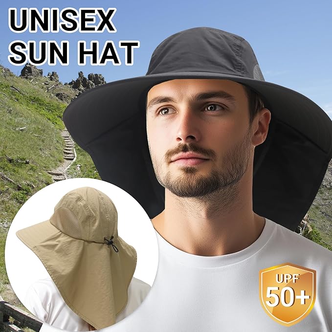NPQQUAN Mens Sun Hats for Men Women with Neck Flap Wide Brim UV Protection Hiking Fishing Hat