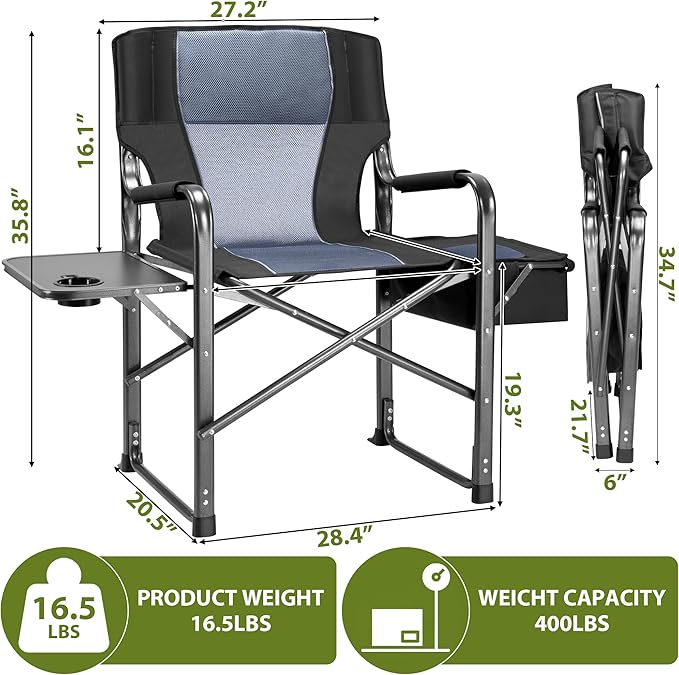 Oversized Camping Chairs,Heavy Duty Support 500 LBS,Directors Chair With Padded Back & Arm Sport Chairs With Cup Holder Cooler Bag, Collapsible Folding Chairs,Beach Chair for Outdoor, Fishing & Garden
