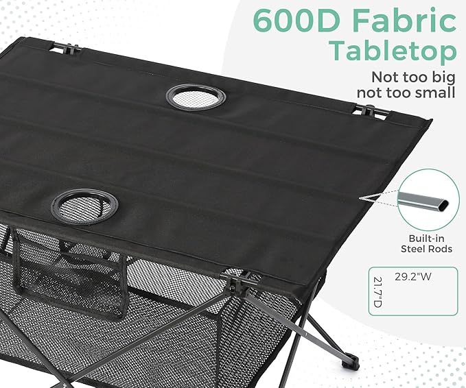 Lightweight Portable Fabric Camping Table with Cup Holders - Fold Up Beach Side Table with Large Storage Basket, Collapsible & Compact for Fishing Outdoor Picnic, 29.2" W x 21.7" D (Black)