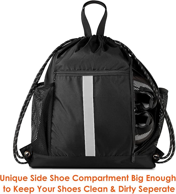 BeeGreen Drawstring Backpack Bag Sports Gym Backpack with Shoe Compartment and Two Water Bottle Holder for Men Women Large String Backpack Athletic Sackpack Workbag Black