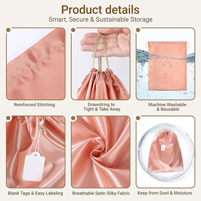 Ewen Small Medium Large Satin Drawstring Bags with Blank Tags, 3pcs Dustproof Packing Bag Travel Essentials Organizer, Pink Orange Dustbags for Handbags Closet Storage Jewelry Shoes Purse Organization