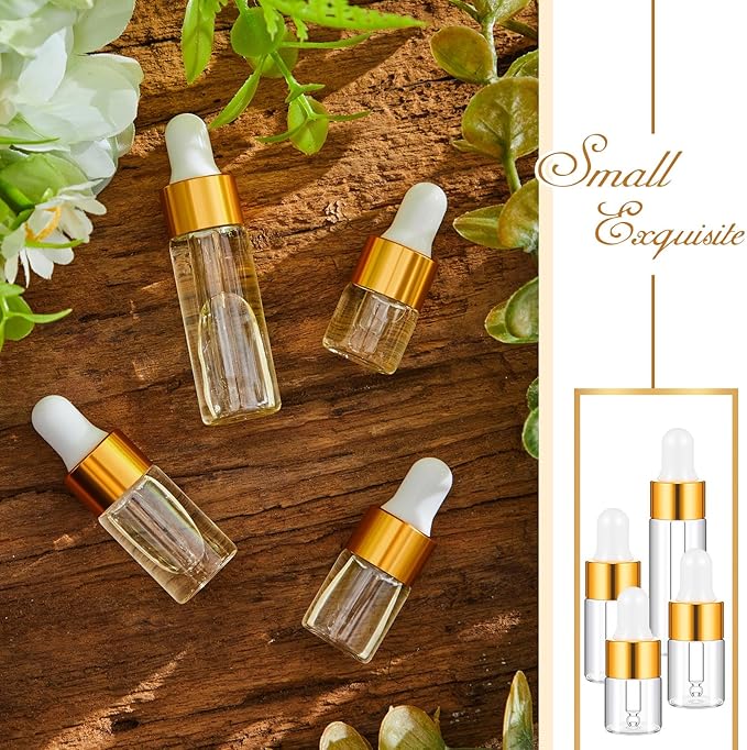 20 Pcs Mini Glass Oil Dropper Bottle Bulk, Clear Essential Small Empty Bottles Sample Containers Perfume Liquid Vials with Cap for Traveling (1ml,2ml,3ml,5ml,Gold)