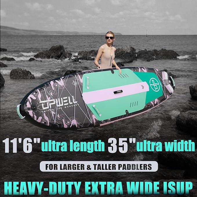 UPWELL 11'6"×35" Extra Wide Inflatable Paddle Board, Stand Up Paddle Board for Youth & Adults, Stable Design, Premium SUP Accessories, 120L Backpack, 10L Dry Bag, Paddle, Leash, Hand Pump, US Fins