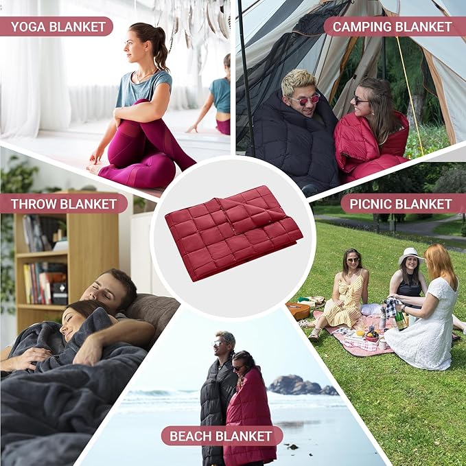 KingCamp Ultralight Camping Blanket, Packable Down Alternative Puffy Wearable Blankets Weatherproof Warm Package Quilt with Snap Buttons for Outdoor Hiking Travel, Picnic Stadium, (69" x 53" Crimson)