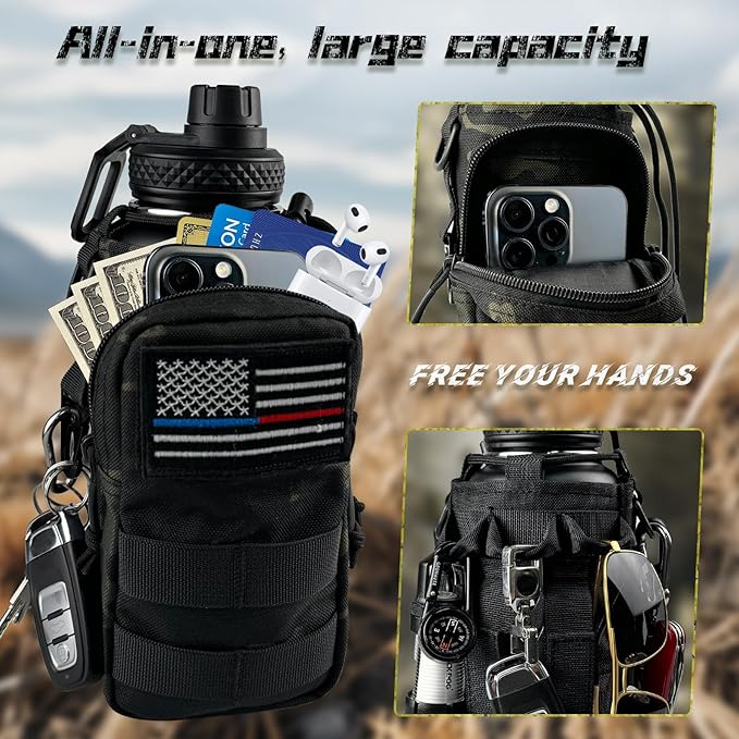 32 oz Insulated Water Bottle Stainless Steel with Sleeve - Military Metal Water Jug, For Gym Workout Hiking, Camo Black Water Bottle Pouch