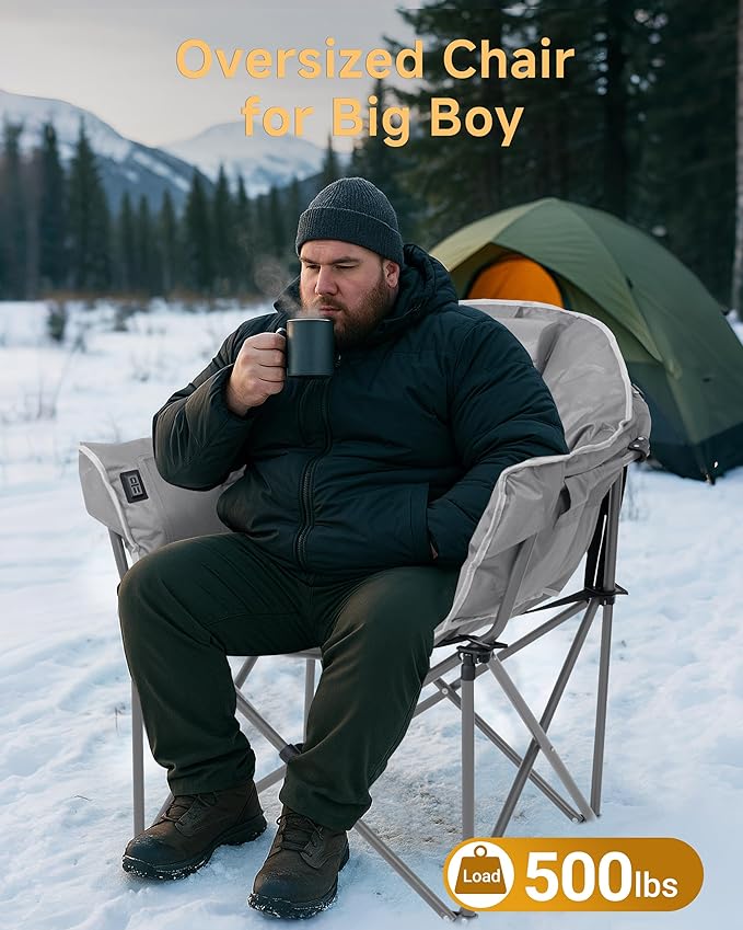 Slsy Heated Camping Chair Oversized, Outdoor Portable Heated Folding Chair, Heavy Duty 500 lbs Support, Padded Seat for Outdoor Sports, Camping, Patio, and Picnics