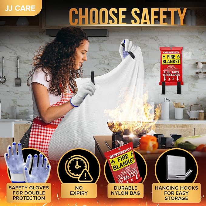 JJ CARE Fire Blanket – 6 Packs with Hooks and Gloves – Emergency Fire Blanket for Home & Kitchen, High Heat Resistant Fire Suppression Blankets for Home Safety, Kitchen, and Camping