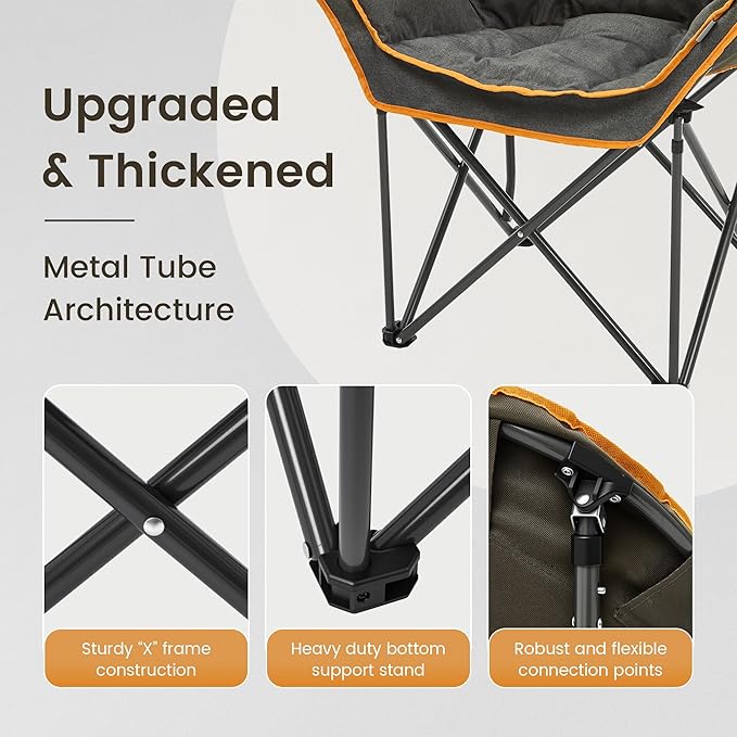 Oversized Padded Comfy Camping Chair for Adults, Portable Padded Lawn Chair, Weight Capacity 400 LBS, Heavy Duty Moon Leisure Folding Chair for Camping, Hiking, Carry Bag, Orange (2 Pack)