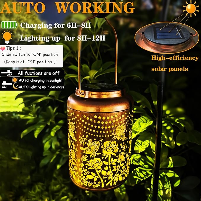 Solar Butterfly Rose Lantern Outdoor Decor,Waterproof Hanging Metal Garden Lights for Patio,Yard,Porch ,Unique Birthday Gifts for Women,Mom,Grandma,Sister,Bestie,Christmas,Thanksgiving,1PC