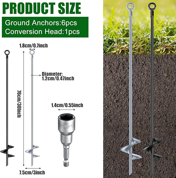 Lasnten 30 Inch Heavy Duty Ground Anchor Spiral Blade Earth Anchor Kit Metal Anchor Hook Beach Sand Stakes Camping for Securing Animals, Shelters, Tents, Canopies (Black, Silver,6 Pcs)