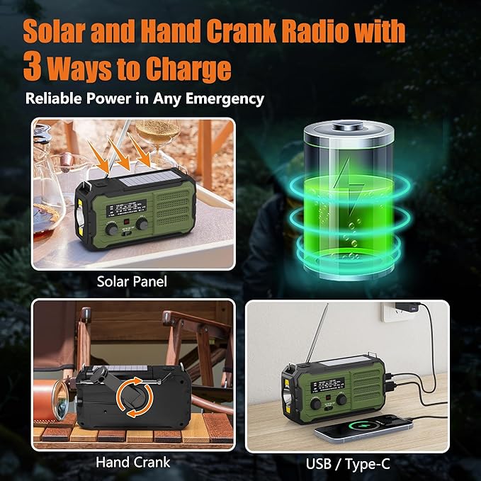 Emergency Radio Hand Crank Solar, 10000mAh/37000mWh Emergency Weather Radio, Hand Crank Solar Radios with NOAA/AM/FM, Cell Phone Charger, Headphone Jack, Flashlight for Indoor Outdoor