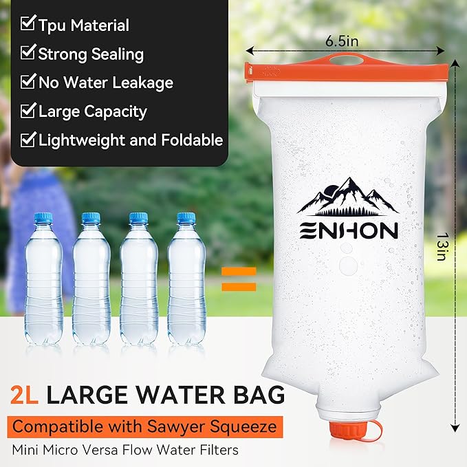 Enhon 2L Water Bag for Hiking Compatible with 28mm Sawyer Water Filter, Durable TPU Material Collapsible Bladder for Camping Fishing or Traveling, PVC Free Squeeze Pouch