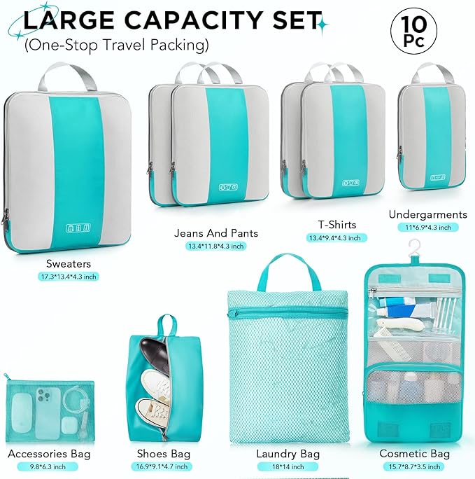 10 Set Compression Packing Cubes for Travel Essentials,Compressible Expandable Packing Cubes for Suitcase,OlarHike Luggage Organizer Bags for Travel,Handy Helper for Organizing Clothes(Blue Green)