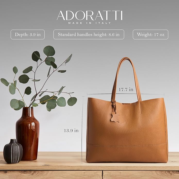 Italian Leather Tote Bag for Women - Large Shoulder Shopper, Fits 16” Laptop, Keychain Holder, Made in Italy