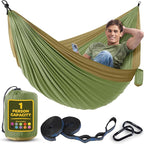 Durable Hammock 400 lb Capacity, Nylon Camping Hammock Chair - Double or Single Sizes w/Tree Straps and Attached Carry Bag - Portable for Travel/Backpacking/Beach/Backyard (Medium, Khaki & Army Green)