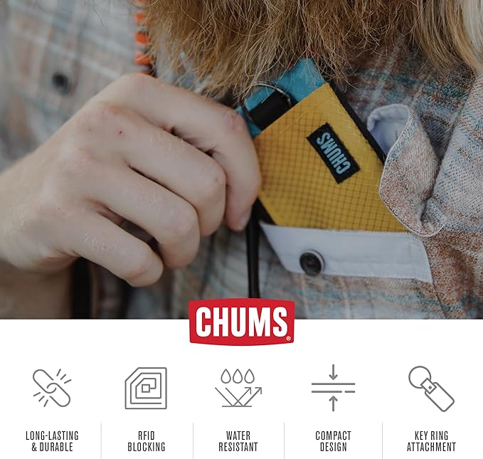 Chums Surfshorts Wallet - Lightweight Zippered Minimalist Wallet with Clear ID Window - Water Resistant with Key Ring (Red/Blue Swirl)