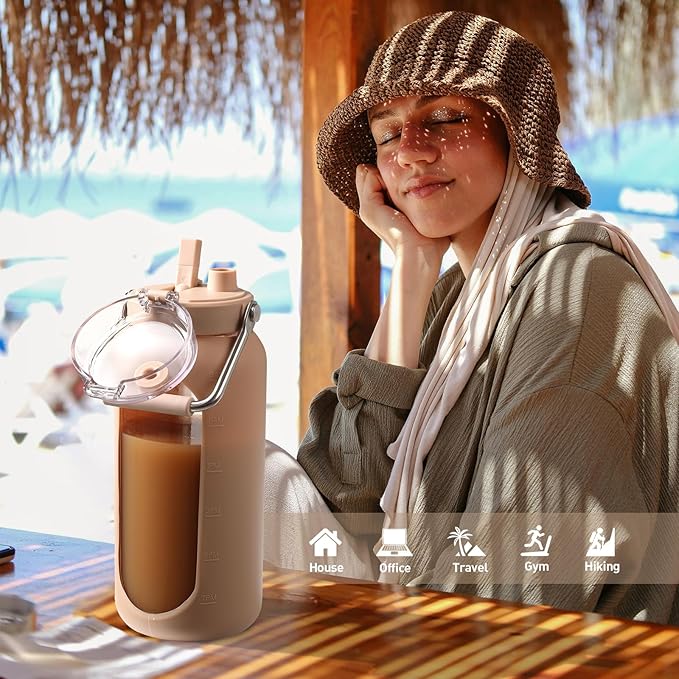 BLUEGO 64oz Water Bottle Glass with Stainless Steel Handle Large Water Bottle with Time Markers and Silicone Sleeve Half Gallon Water Jug BPA Free for Gym Daily Use, Amber