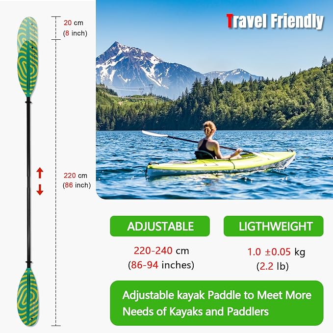 Kayak Paddles with Fiberglass Shaft and Reinforced PP Blade, Floating Adjustable Kayaking Oars, 3 Piece, 220-240 cm/86-94 Inches, 240-260 cm/94-102 Inches