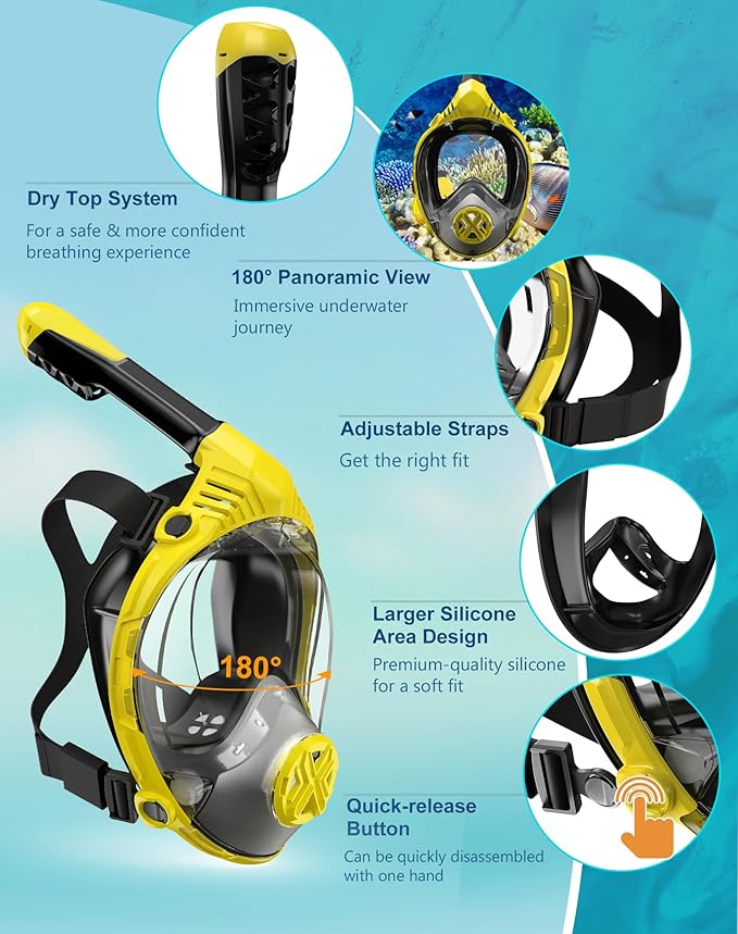 Full Face Snorkel Mask- Snorkeling Gear for Adults with Safe Dry Top Breathing System, Latest Foldable Panoramic View Snorkeling Mask for Men and Women, Anti Fog Anti Leak
