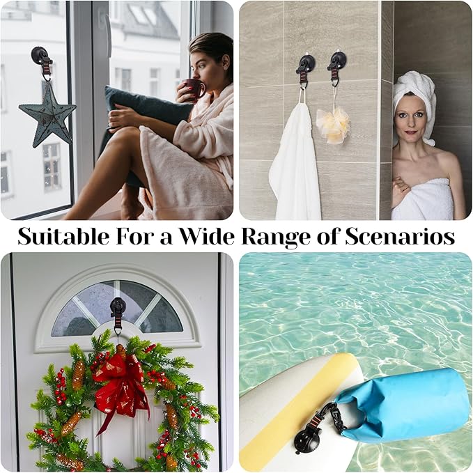 CONBOLA Suction Cups Hooks with 1/8" Adjustable Grow Light Hangers 13 ft with Reinforced Metal,Heavy Duty Ratcheting Pulley System for Camping Gardening and Various Tie-Down Uses.(4-Pack Set)