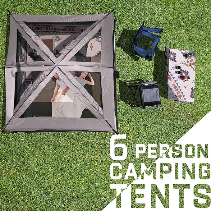 Happy Travel Tent 6 Person Tents for Camping, Waterproof Easy Setup Camping Tent with Rainfly, Portable Large Family Cabin Tent with 5 Large Mesh Windows and Carry Bag for Outdoor Camping & Hiking