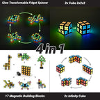 TOSY Magnet Fidget Spinner Glow - 16 Blocks, 3in1 Toy: Transformable Fidget Spinner, Infinity/Puzzle Cube, Easter Basket Stuffers Gift for Kids/Adults, Glowing STEM Sensory Stress Relief, 2-Pack