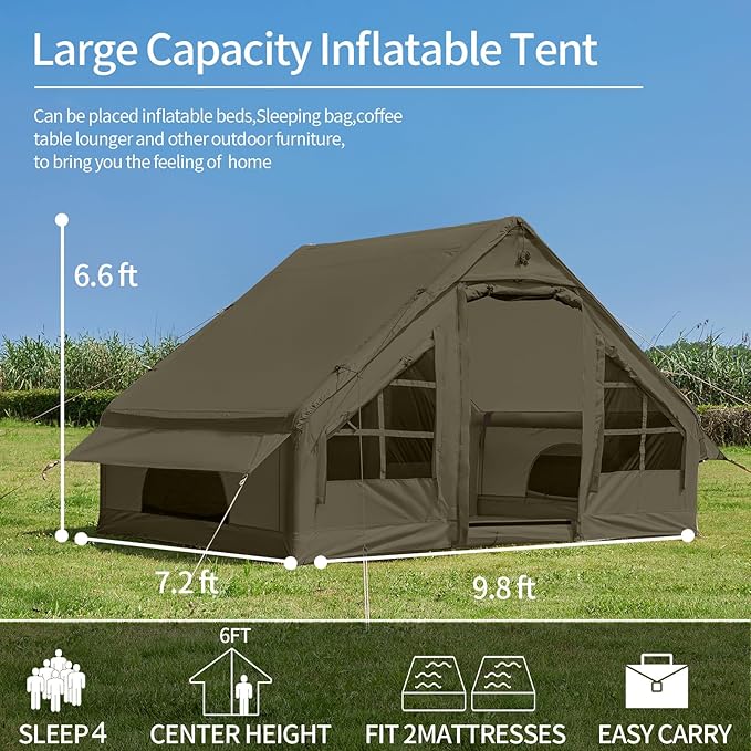 SHANQUAN Inflatable Tent with Pump,4-6 Person Instant Glamping Camping Tents House, Easy Setup Blow Up Family Tents for 4 Seasons Waterproof Inflatable Tent for Camping with Mesh Windows.