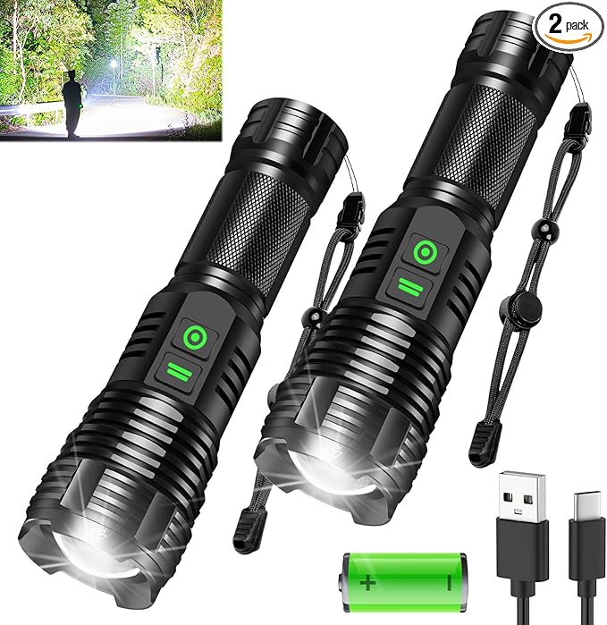 2Pack Rechargeable Flashlights, 100000 High Lumens Super Bright Led Tactical Flashlight with 5 Modes, High Power Waterproof Dual Button/Dual interfaceFlashlight for Emergency, Outdoor, Camping