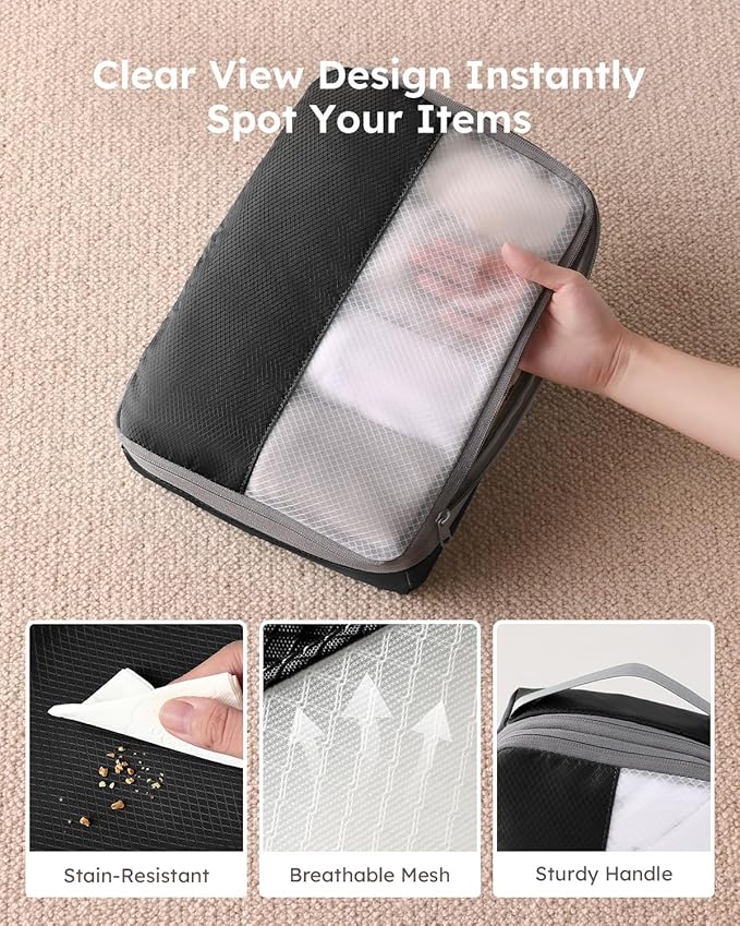 4 Set Compression Packing Cubes for Travel, Bonus Versatile Drawstring Backpack, Lightweight Luggage Organizer Bags, Sturdy Travel Accessories for Suitcase, Black