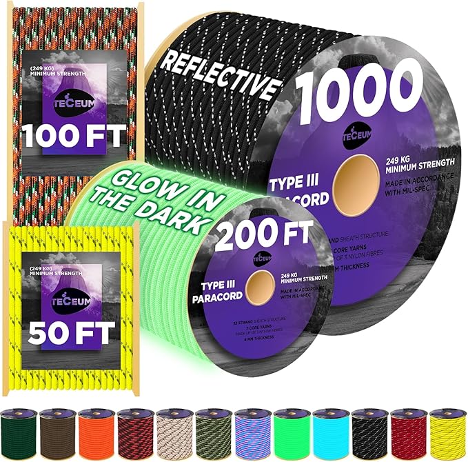 TECEUM 5/32" Paracord Rope 1000 – 1000ft / 200ft / 100ft / 50ft – Tactical Parachute Cord 4mm – 45+ Colors – Nylon String for Survival & Camping Gear – Stripe Cord for Survival – Utility Rope