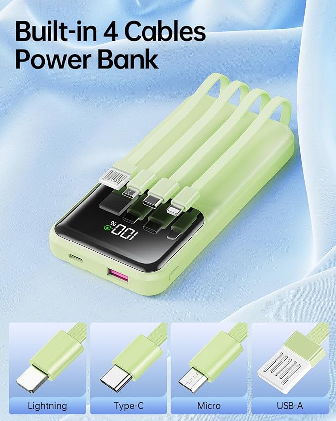 Portable Charger with Built in Cable - 20000mAh Fast Charging 22.5W Power Bank USB C LED Display Battery Pack 5 Outputs & 3 Inputs for Travel Essentials iPhone Samsung Android Phones Tablets