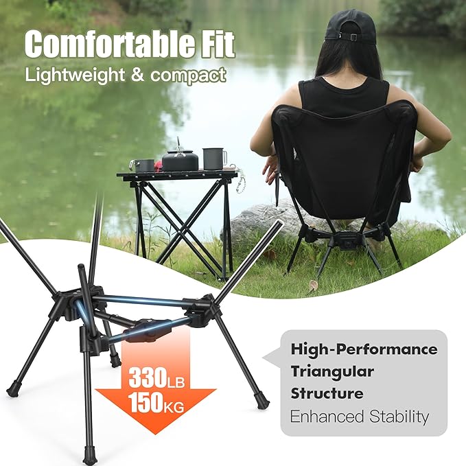 Ultralight Backpacking Chair,2.2lb Compact Folding Camping Chair,Supports 300lbs,Portable Travel & Hiking Chair,Lightweight Design,Perfect for Hiking Gear, Picnics and Traveling, (Black)