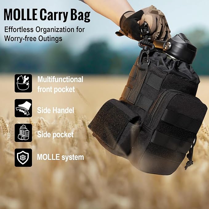 OneTigris Tactical Half Gallon Water Bottle with Straw - 64 oz Vacuum Insulated Stainless Steel Water Jug, Leakproof Sport Bottle with 3 BPA Free Lids, Paracord Handle & MOLLE Water Pouch for Outdoor