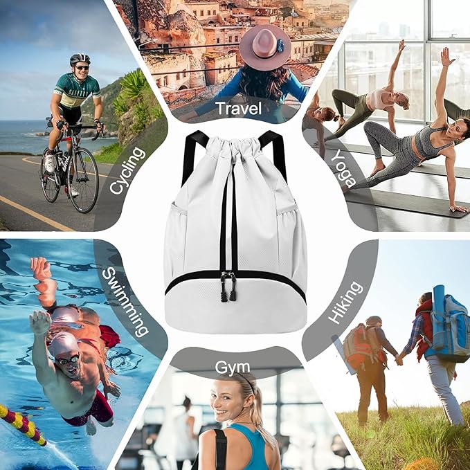 Hoedia Sports Drawstring Backpack - String Swim Gym Bag with Shoes Compartment and Wet Proof Pocket for Women/Men (White)